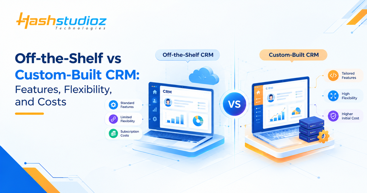 Off-the-shelf vs custom-built CRM comparison featuring features, flexibility, and costs by HashStudioz