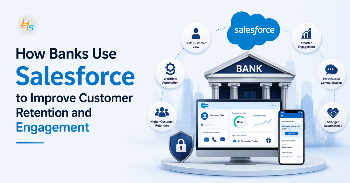Graphic illustrating how banks use Salesforce CRM for customer retention and engagement through workflow automation, personalized banking communication, customer analytics, digital dashboards, and Customer 360 insights.