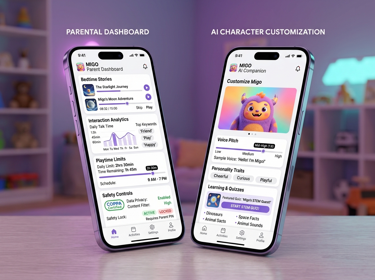 Smart Toy Companion Mobile App UI UX Mockup showing Parental Dashboard and AI Character Customization