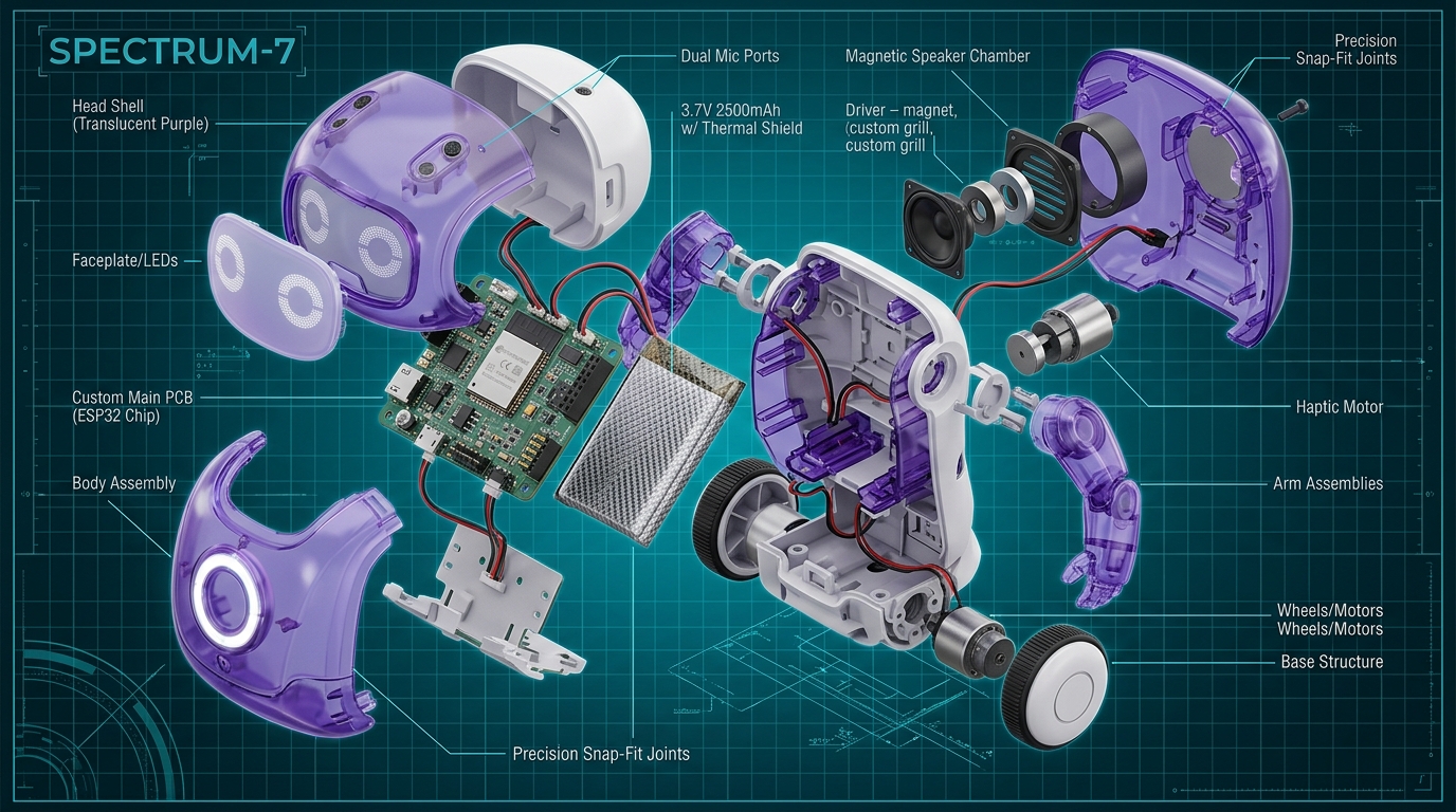 3D CAD Exploded Mechanical View of Smart Toy Enclosure, PCB, Microphones, Speaker Chamber, Battery and Snap-Fit Shell