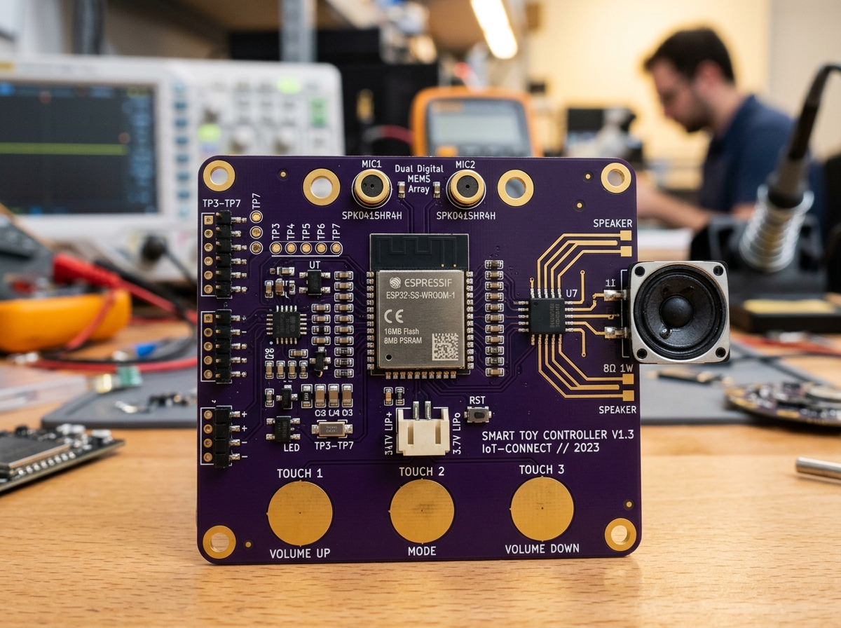Custom Smart Toy PCB Controller Board with ESP32-S3, Dual Microphones, Speaker Transducer, and Capacitive Touch Electrodes